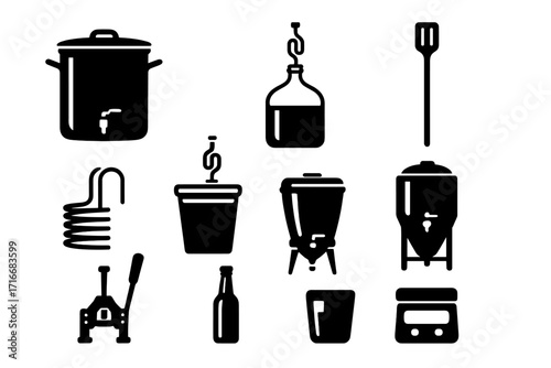Homebrewing equipment icon set for craft beer. Black silhouette vector illustration of brewery tools. Includes kettle, carboy, fermenter, bottle, and capper for DIY beer.