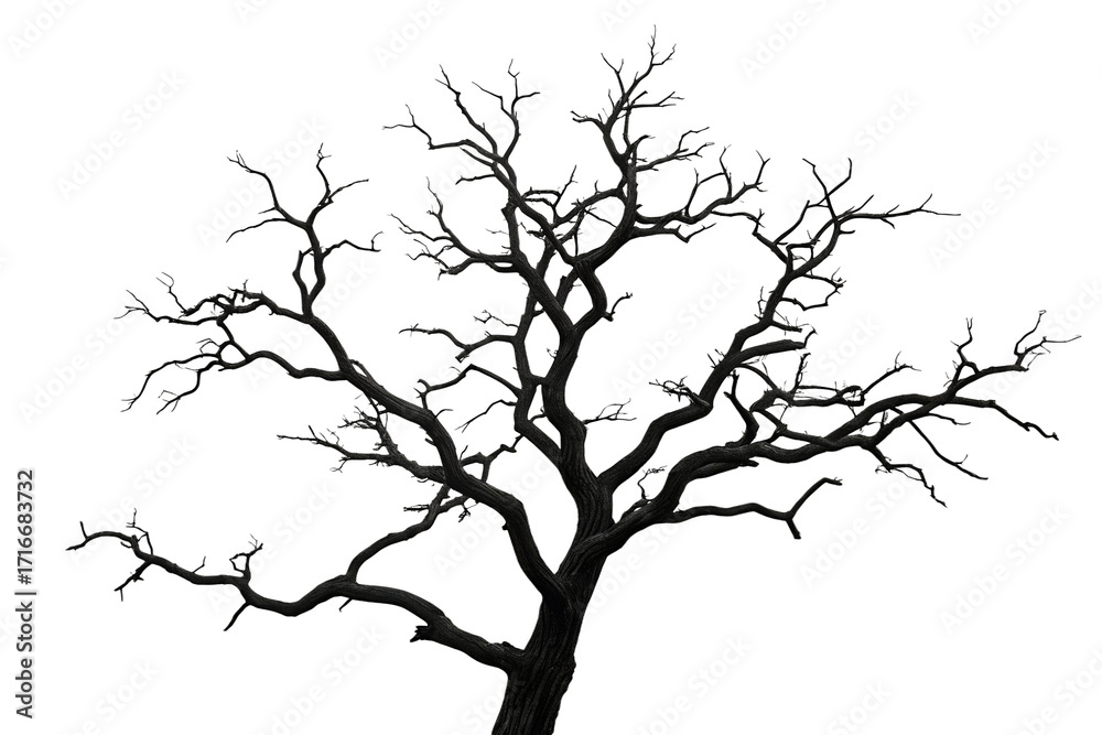 Obraz premium Detailed silhouette of a bare deciduous tree with intricate branches and twigs isolated on transparent background