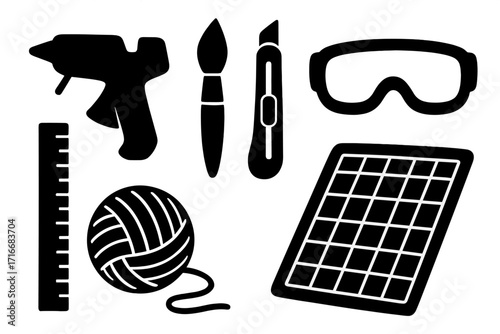 Crafting tools silhouette icon set for DIY projects. Includes glue gun, painting brush, cutter knife, goggles, ruler, yarn, and cutting mat. Vector collection for handmade hobbies.