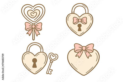 Coquette aesthetic heart vector set. Cute girly hand drawn icons with pink bow, ribbon, love lock, key, and lollipop. Vintage Valentine's Day greeting card elements.