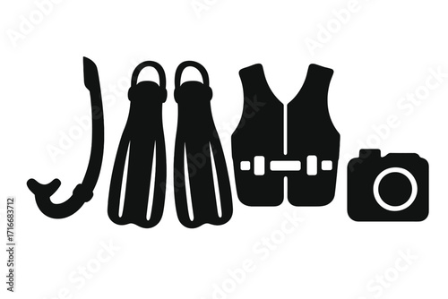 Diving equipment icon set vector. Snorkel, fins, vest, and camera silhouettes. Scuba diving and snorkeling gear for sea travel. Underwater sport and hobby illustration.