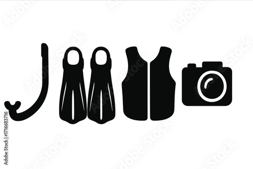 Diving equipment silhouette icon set. Snorkel, fins, vest, underwater camera symbols. Scuba gear for ocean adventure. Water sport & summer vacation travel vector collection.