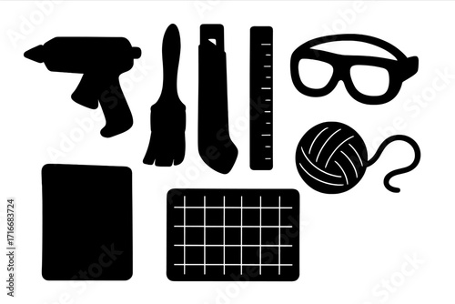 Crafting tools silhouette set for DIY projects. Handmade creative hobby concept with glue gun, paintbrush, cutter, ruler, goggles, yarn, and cutting mat. Vector art supplies.