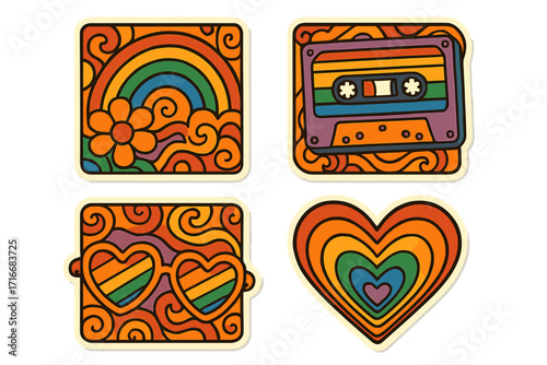 Groovy retro LGBTQ pride month sticker set. Vintage 70s 80s psychedelic banners. Hippie queer love graphics with rainbow heart, flower, cassette and sunglasses. Y2K nostalgia.