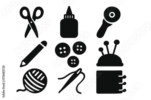 Crafting and sewing tool icon set. Black silhouette vector illustration of DIY supplies. Includes scissors, needle, thread, buttons, yarn, glue, pincushion, and rotary cutter.