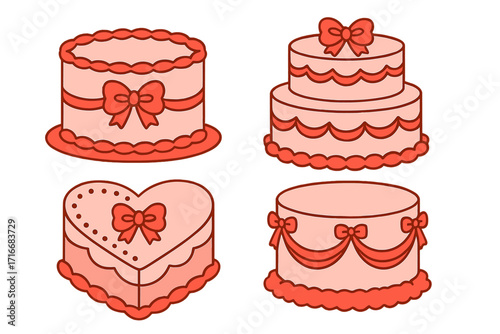 Coquette aesthetic retro cakes set in pink pastel colors. 70s 80s inspired flat design with red bows and ribbons. Sweet dessert for birthday, wedding. Hand drawn vector.