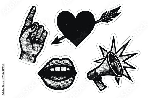 Retro punk grunge sticker set with halftone texture. Dotted paper cutout hand, heart with arrow, mouth, and loudspeaker. Y2K zine culture vector assets for graphic design.