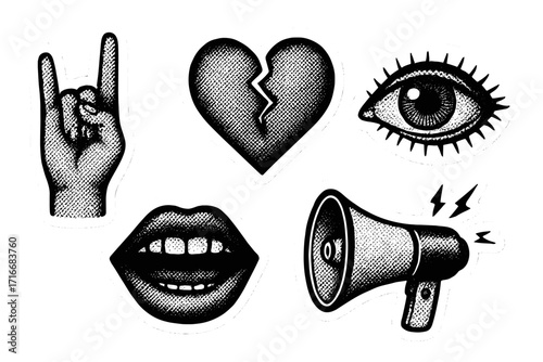 Halftone retro collage elements in punk grunge style. Paper sticker pack with rock hand, broken heart, eye, mouth, loudspeaker. Y2k zine culture vector icons. Tattoo patch.
