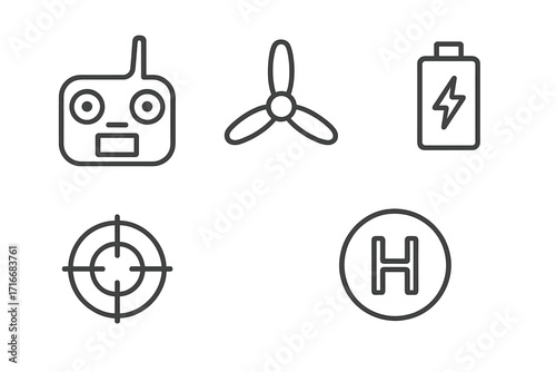 Drone equipment icon set. Minimal line art vector illustration. Remote control, propeller, battery, target, and helipad for UAV or quadcopter flight technology. Ordered collection.