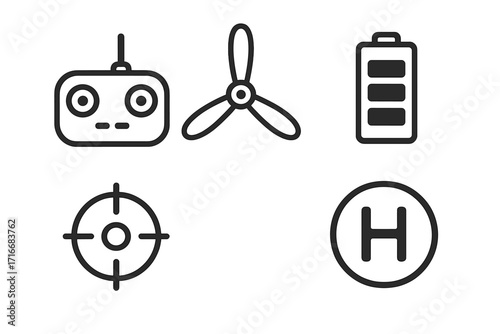 Drone equipment icons remote, propeller, battery, target, helipad in minimal style. Vector pictogram set. UAV, quadcopter accessories. Aerial vehicle symbols.