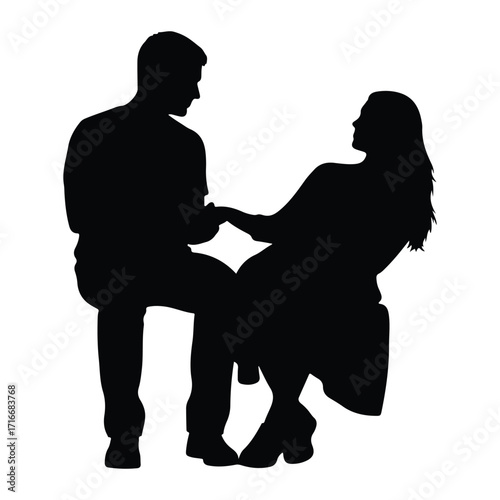 Couple holding hands seated woman