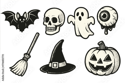 Retro halftone Halloween decoration illustrations set with spooky bat, skull, ghost, zombified eyeball, witch’s broom, witch hat, and carved jack-o'-lantern pumpkin elements