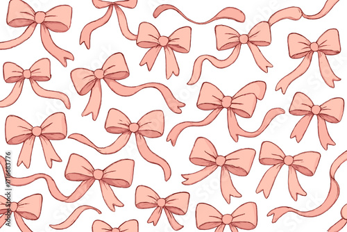 Coquette aesthetic seamless pattern with retro pink ribbons and bows. Girly vintage background for Valentine's day. Romantic cartoon vector for fabric and gift wrap.