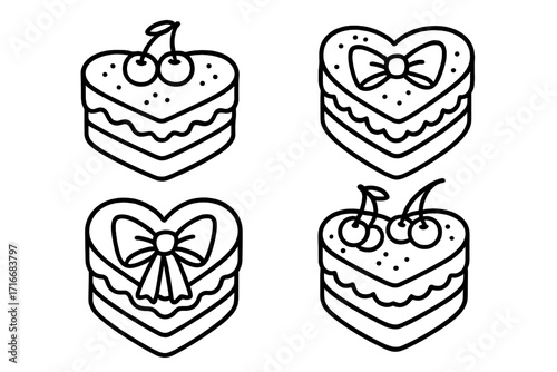 Coquette aesthetic set of heart shaped cakes with cherry and bow. Cute romantic pastry dessert for Valentine's day. Vector linear doodle icon. Hand drawn sweet food logo.