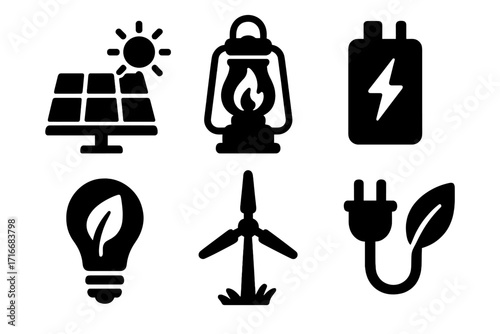 Green energy and sustainable power icon set. Vector silhouette collection of eco friendly electricity symbols. Solar panel, wind turbine, battery and renewable sources.