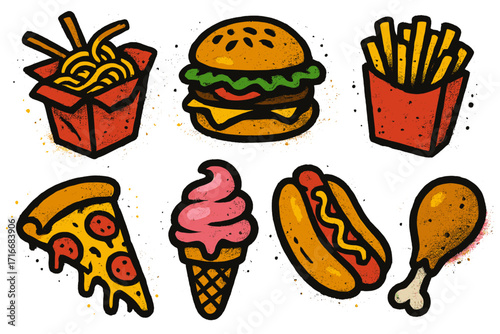 Junk food vector icon set in urban graffiti style. Fast food collection with burger, pizza, fries, hot dog, noodles, chicken, ice cream. Spray paint street art illustration.