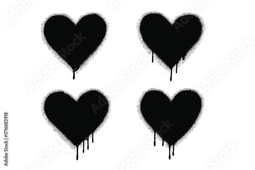 Set of black graffiti hearts spray-painted on a white background. Dripping love symbol collection in an urban street art style. Textured stencil vector illustration.