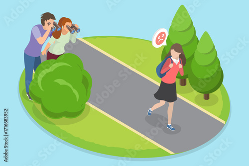 3D Isometric Flat Vector Illustration of Overprotective Parents, Spying on Own Kids
