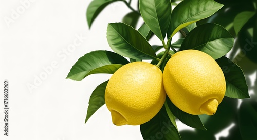  Ripe Yellow Lemons on Leafy Branch Against Clean White Backdrop