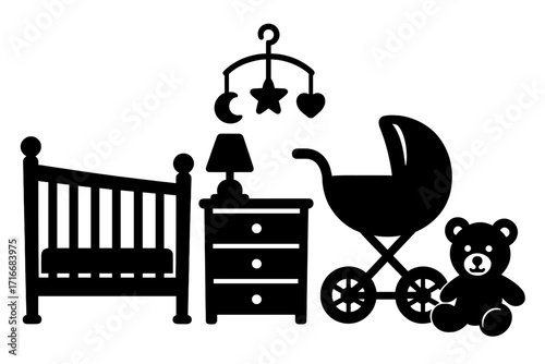 Baby room nursery essentials silhouette icon set. Vector collection of newborn furniture and accessories. Crib, stroller, teddy bear, mobile and dresser. Childcare objects.