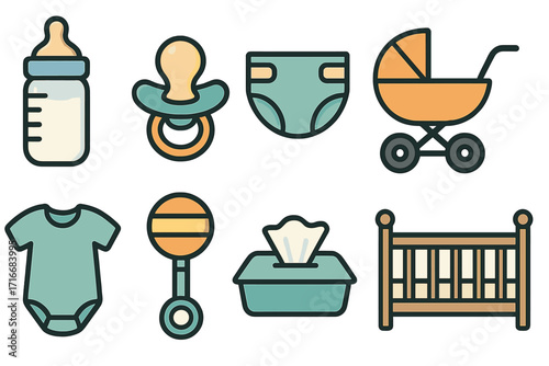 Essential baby icons collection with bottle, pacifier, diaper, stroller, onesie, rattle, wipes, crib. Vector cartoon illustration set for newborn, infant, and toddler care.