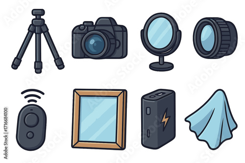 Vlogger accessories kit with camera, tripod, lens, remote shutter, power bank, mirror, frame. Content creator photography equipment icons. Vector cartoon gadget collection.
