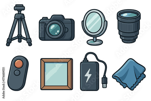 Photography equipment icon set. Vector cartoon illustration collection of camera, lens, tripod, remote shutter, power bank, picture frame, mirror, and cleaning cloth.
