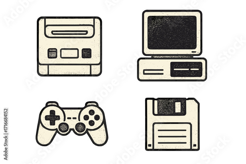 Retro video game console, PC, gamepad, and floppy disk icons. 90s nostalgia collection of old gaming and computer systems. Vintage halftone texture vector illustration set.