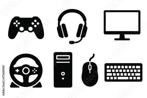 Gaming gear icon set. Gamer equipment silhouettes for esports. Vector collection of gamepad, headset, pc computer, keyboard, mouse, racing wheel and monitor icons.