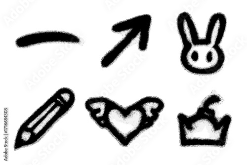 Set of graffiti spray elements. Collection of black symbols: stroke, arrow, bunny, pencil, winged heart, crown. Vector stencil icon for street art, urban tagging, airbrush.