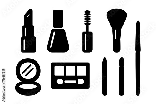 Makeup essentials icon set. Black vector silhouettes of cosmetic products for beauty and fashion. Includes lipstick, nail polish, mascara, powder, eyeshadow and brushes.
