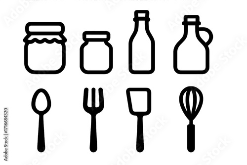 Kitchen utensils and containers icon set. Black line art vector illustration of cooking tools like spoon, fork, spatula, whisk, and jars, bottles for oil or jam. Simple graphic symbols.