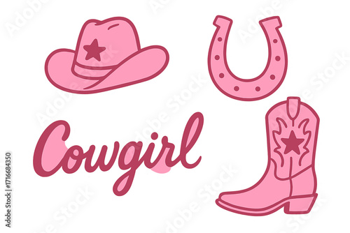 Pink cowgirl sticker set with cowboy hat, boot, and lucky horseshoe. Vector illustration pack for wild west theme, bachelorette party, and girly western design elements.