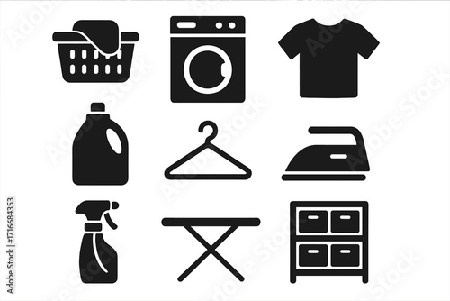 Laundry room icon set. Washing machine, iron, detergent, and clothes basket vector silhouettes. Home organization and cleaning symbols for domestic chores and housework.