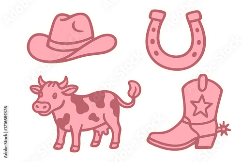 Pink wild west vector icon set. Cute girly cowgirl theme with cowboy hat, boot with spur, lucky horseshoe, and farm cow. Country western rodeo printable sticker pack.