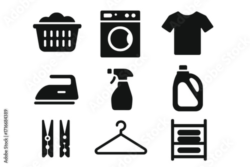 Minimalist black silhouette laundry & cleaning icon set. Vector symbols for housework, washing, ironing. Includes washer, detergent, hanger, and basket icons for home.