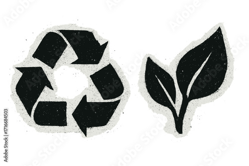 Grunge recycle symbol, leaf icon set. Urban graffiti street art style. Eco friendly, sustainable, zero waste concept. Distressed spray paint texture. Ecology, environment.