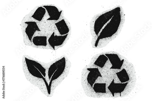 Set of reuse signs in grunge urban graffiti style. Street art design of recycling symbol and leaves. Eco-friendly, zero waste concept. Environmental sustainability vector.