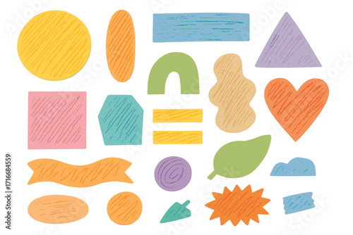 Paper cut shapes set. Colorful sticker elements with hand drawn rough texture for fun creative collage or scrapbook. Abstract geometric forms. Vector illustration.