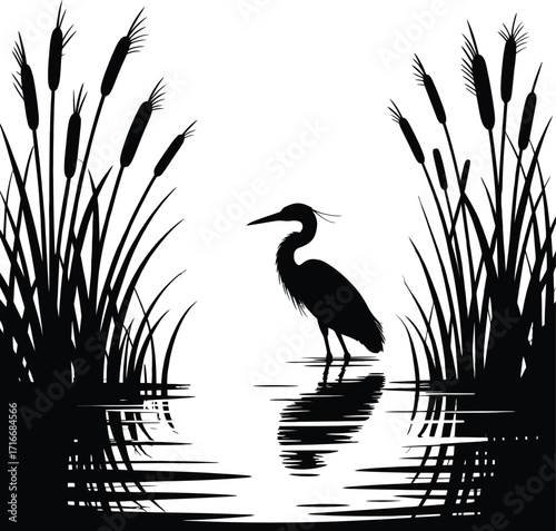 Wetland Wildlife Illustration Vector Art Isolated Heron Silhouette Among Cattails in Water