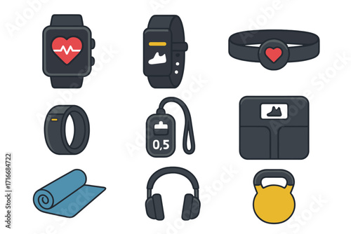 Fitness icons set of wearables, trackers, and sport accessories. Vector cartoon illustration of smartwatch, heart rate monitor, scale, kettlebell, headphones, and yoga mat.