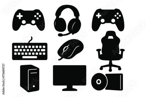 Gaming essentials icon set. Gamer equipment silhouettes. Vector collection with controller, headset, keyboard, mouse, gaming chair, PC computer, monitor, and joypad for esports.