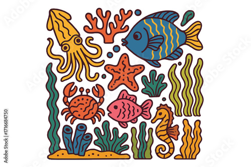 Square composition of colorful sea bottom creatures, animals, fish, coral, seaweed, marine life vector illustration, underwater ocean ecosystem with squid, crab, starfish, seahorse