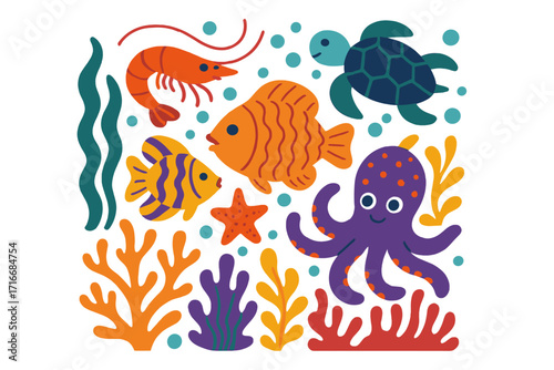 Colorful underwater sea creatures composition with fish, octopus, turtle, shrimp, starfish and vibrant coral plants, marine life cartoon vector illustration, ocean wildlife design