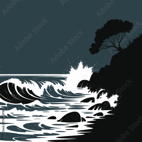 Dramatic Seascape Vector Illustration of Crashing Waves on Rocky Coastline Isolated Art