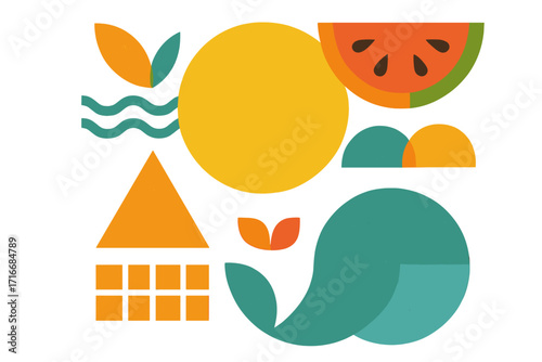 Bright summer geometric composition with juicy fruit shapes for retro poster, card, cover, label, banner in modern minimalist style with overlay effect and simple design templates