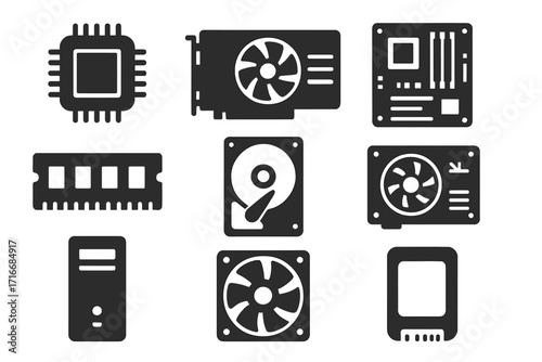 Computer hardware components icon set. Vector silhouette glyph collection for tech. Includes CPU, GPU, motherboard, RAM, SSD, HDD, PSU icons. PC parts for gaming build.