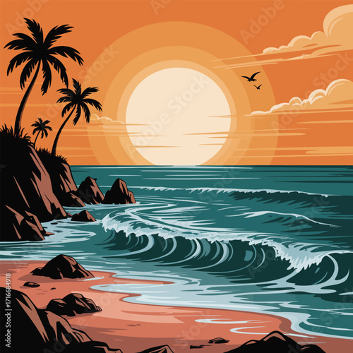 Tropical Beach Sunset Vector Illustration Isolated Art of Palm Trees and Ocean Waves