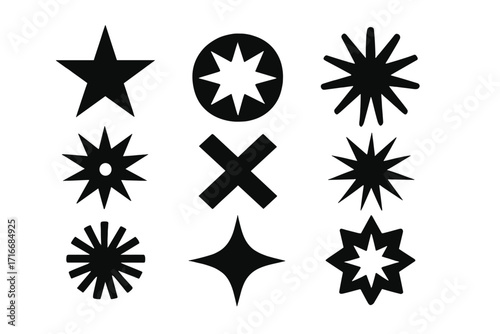 Modern brutalist various star shapes set. Minimalist geometric elements, abstract figures in swiss style. Bold primitive design for y2k futuristic graphic projects.