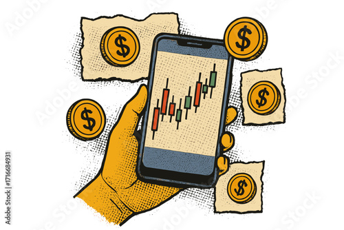 Hand holding smartphone with candlestick stock chart and floating coins, financial planning concept, stock investing, money saving, earning and payment, torn paper collage style